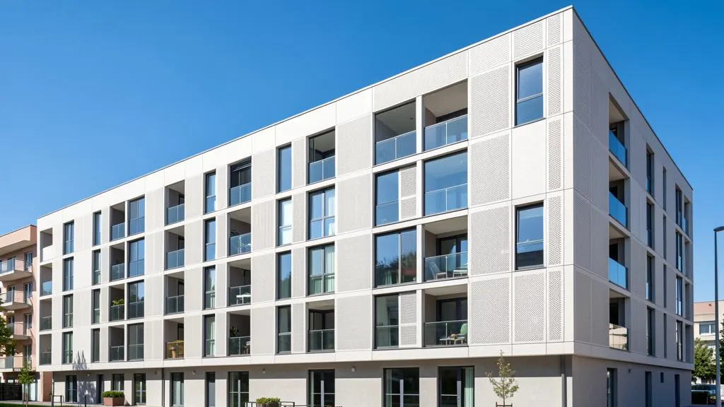 Residential building facade: porcelain stoneware and metal cassettes on one subframe
