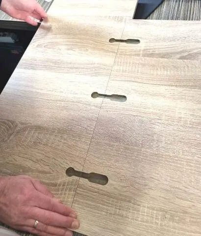 Euro-cut of HPL panel for worktop with grooves for tie bolts